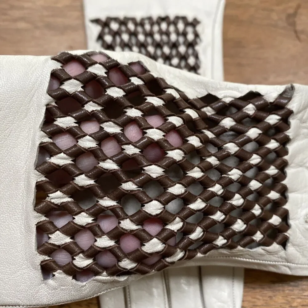 Vintage Ladies Size 7 Leather Gloves Cream & Brown Woven Leather Mid Century